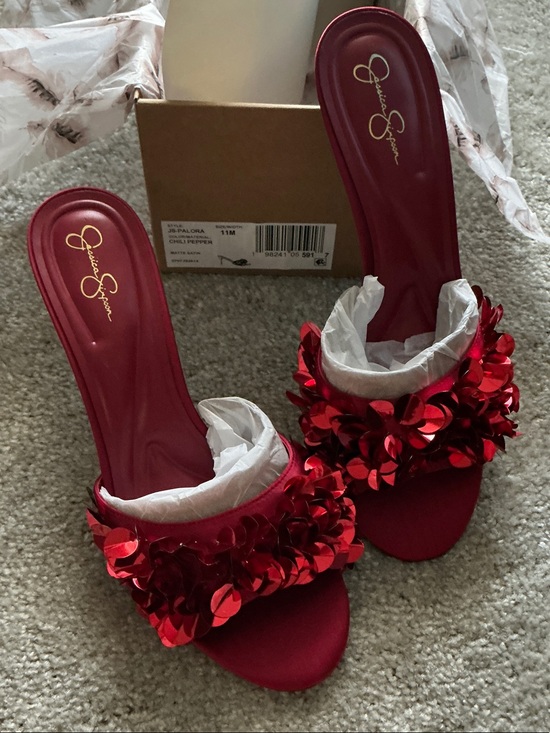 Jessica Simpson Shoes - Jessica Simpson Chili Pepper Red Sequin Flower Slide Mules